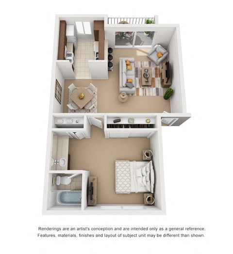 Floor plan for 1 bed, 1 bath, 662 sqft